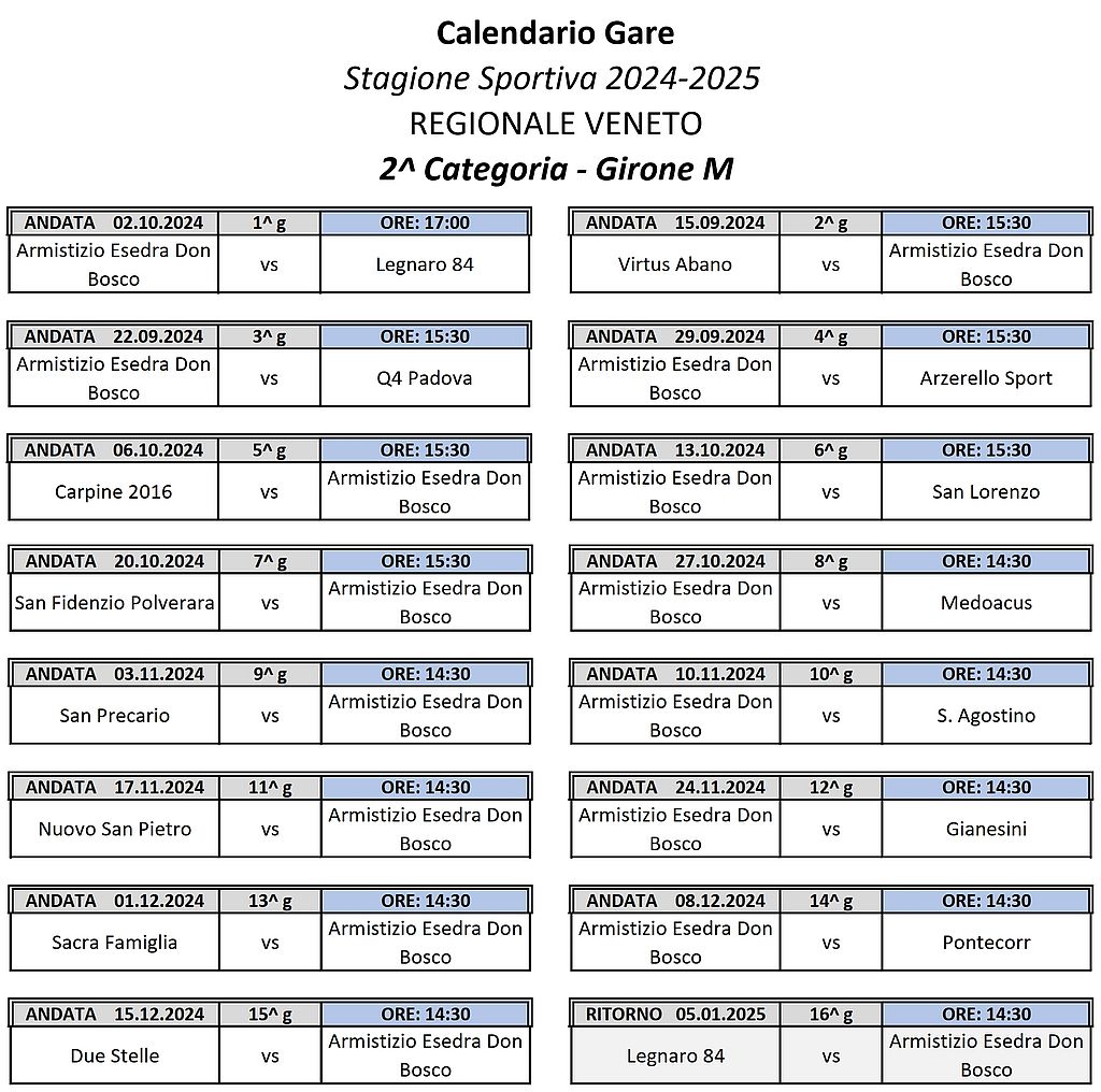 Calcio Armistizio Esedra Don Bosco Calendario Gare SS 2024-2025 VENETO 2^ Categoria Girone M Andata